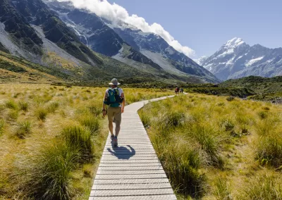 A group of hikers, with one in the foreground, walking along a wooden boardwalk through a field of golden tussock grass on the Hooker Valley Track, with Mount Cook visible in the distance.