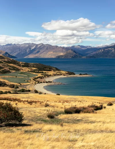 A wide panoramic view of Lake Wanaka's deep blue waters and distant mountain ranges under a partly cloudy sky, as seen from a lookout point with golden-brown hills and a curved shoreline in the foreground.