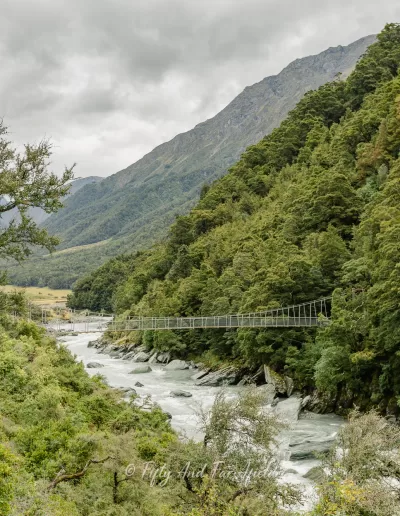 A suspension bridge stretches across a milky turquoise river flowing through a valley covered in dense green vegetation, with steep mountains rising on either side under a cloudy sky, along the Rob Roy's Glacier Track.