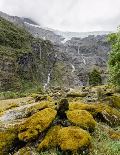 A landscape view with mossy rocks and tussock grass in the foreground, leading to steep mountains with a glacier and waterfalls visible in the distance under an overcast sky.