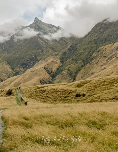 A view of a path with hikers in the distance, surrounded by golden tussock grass, along the Rob Roy's Glacier Track in Mt Aspiring National Park, with mountains partially obscured by clouds in the background.