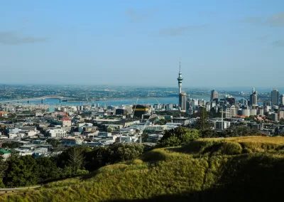 A wide view of Auckland city from a hilltop, showing the Sky Tower, numerous buildings, the Waitematā Harbour, and the Auckland Harbour Bridge in the distance under a clear blue sky.