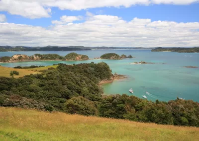 A wide panoramic view of the Bay of Islands with numerous green islands, turquoise water with white boats, and a grassy hillside in the foreground under a blue sky with white clouds.