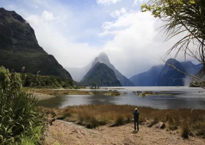 Panoramic view of Milford Sound with Mitre Peak, dense green mountains, and a person standing by the water.