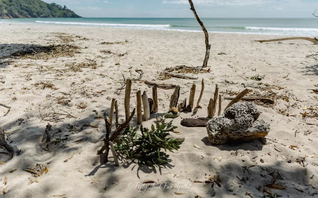 A small, whimsical structure made of upright sticks and driftwood stands on a sandy beach, with a rock and some greenery nearby. In the background, the wide sandy beach meets the ocean with gentle waves under a clear sky.