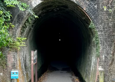 The dark, arched entrance of a brick tunnel, surrounded by green foliage. A narrow paved path leads into the tunnel, with a small signpost on the left. A tiny speck of light is visible deep inside the tunnel.