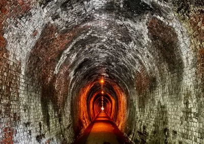 A long, dark, arched tunnel made of brick. A series of small orange lights can be seen receding into the distance at the far end of the tunnel, illuminating the path and the curved brick walls.