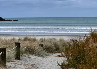 A sandy path leading towards a wide beach and the ocean under a cloudy sky. The path is bordered by tall, dry coastal grasses and leads between two wooden posts with rope barriers. The ocean has gentle waves, and a rocky headland is visible in the distance on the left.